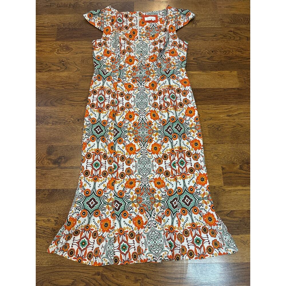 Anthropologie Geometric Floral Print Cap Sleeve Midi Dress Women's XL Boho